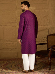 Ethnic Bay Men Purple Viscose Rayon Solid Embroidered Straight Kurta-MKU1557