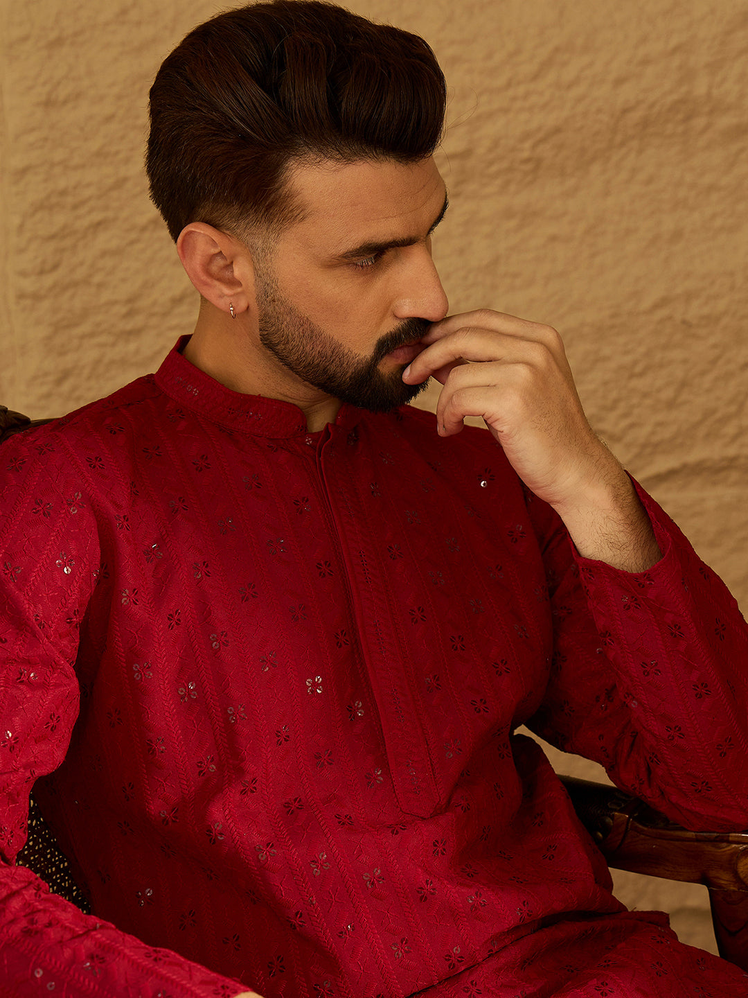 Ethnic Bay Men Maroon Viscose Rayon Solid Embroidered Straight Kurta-MKU1558