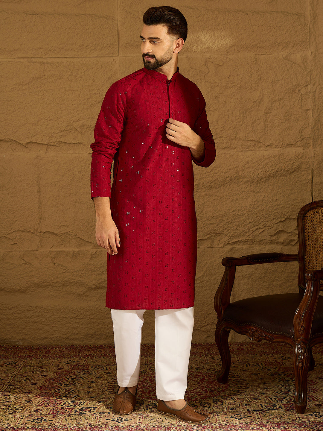 Ethnic Bay Men Maroon Viscose Rayon Solid Embroidered Straight Kurta-MKU1558