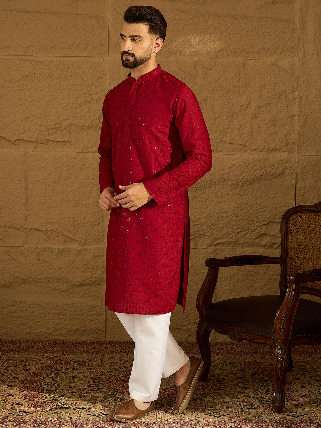 Ethnic Bay Men Maroon Viscose Rayon Solid Embroidered Straight Kurta-MKU1558