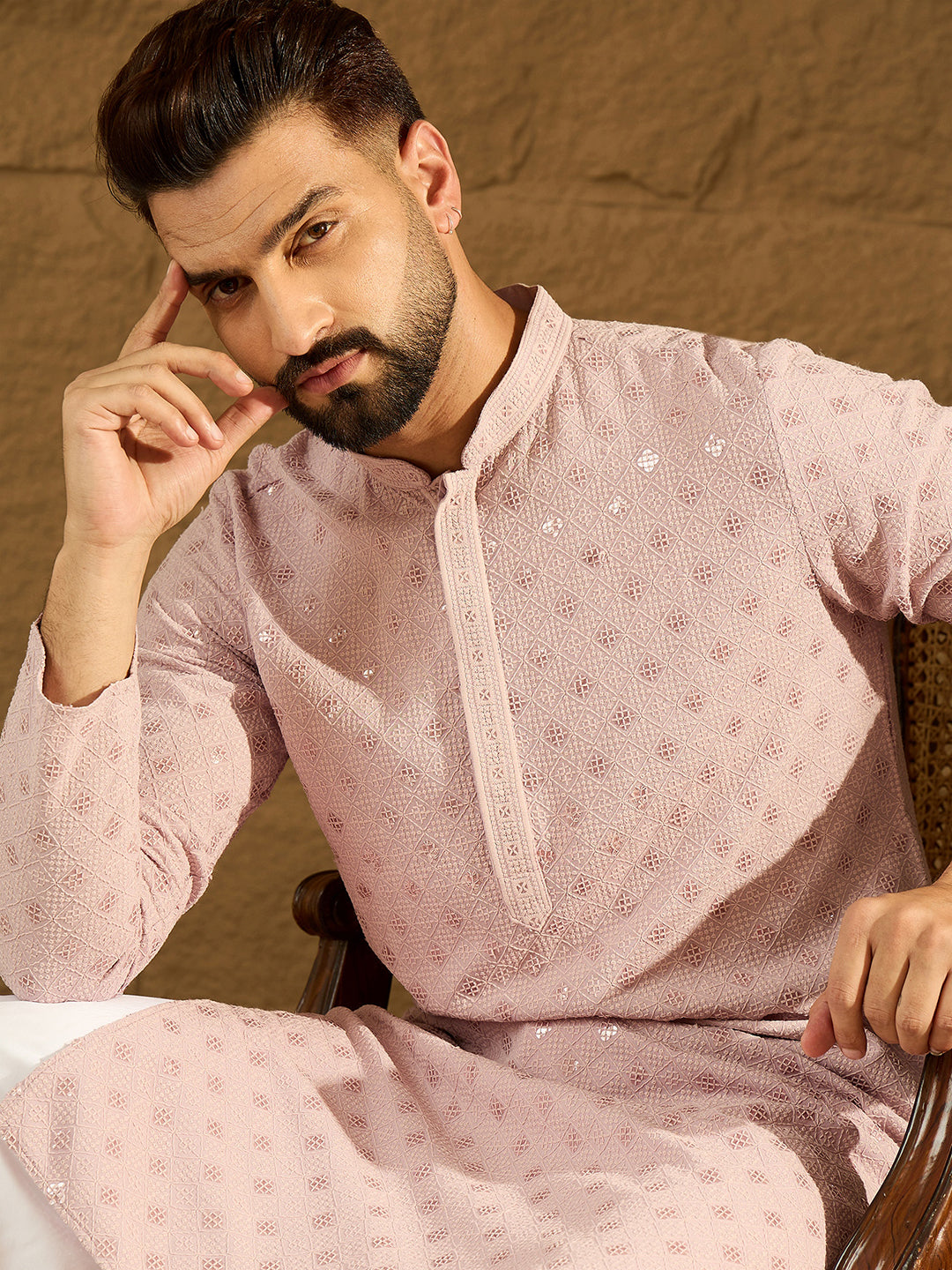 Ethnic Bay Men Purple Viscose Rayon Solid Embroidered Straight Kurta-MKU1583