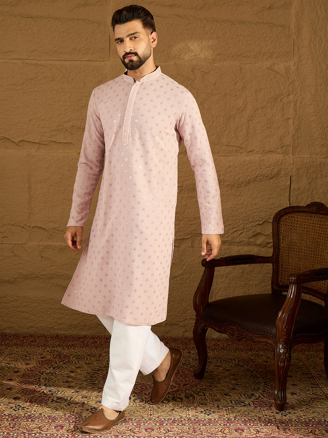 Ethnic Bay Men Purple Viscose Rayon Solid Embroidered Straight Kurta-MKU1583