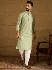 Ethnic Bay Men Green Viscose Rayon Bandhani Embroidered Straight Kurta-MKU1584