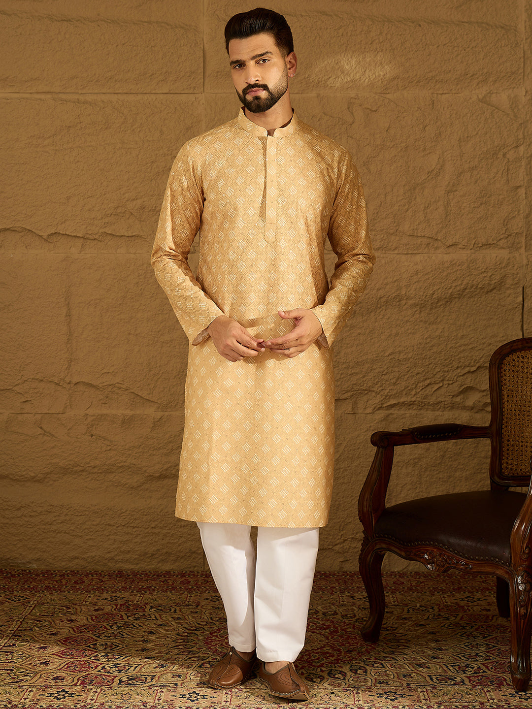 Ethnic Bay Men Yellow Viscose Rayon Bandhani Embroidered Straight Kurta-MKU1585