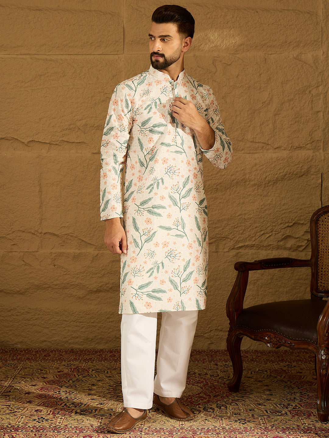 Ethnic Bay Men White Viscose Rayon Floral Embroidered Straight Kurta-MKU1597