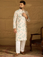 Ethnic Bay Men White Viscose Rayon Floral Embroidered Straight Kurta-MKU1597