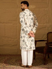 Ethnic Bay Men Off White Viscose Rayon Geometric Printed Straight Kurta-MKU1598
