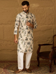 Ethnic Bay Men Off White Viscose Rayon Geometric Printed Straight Kurta-MKU1598