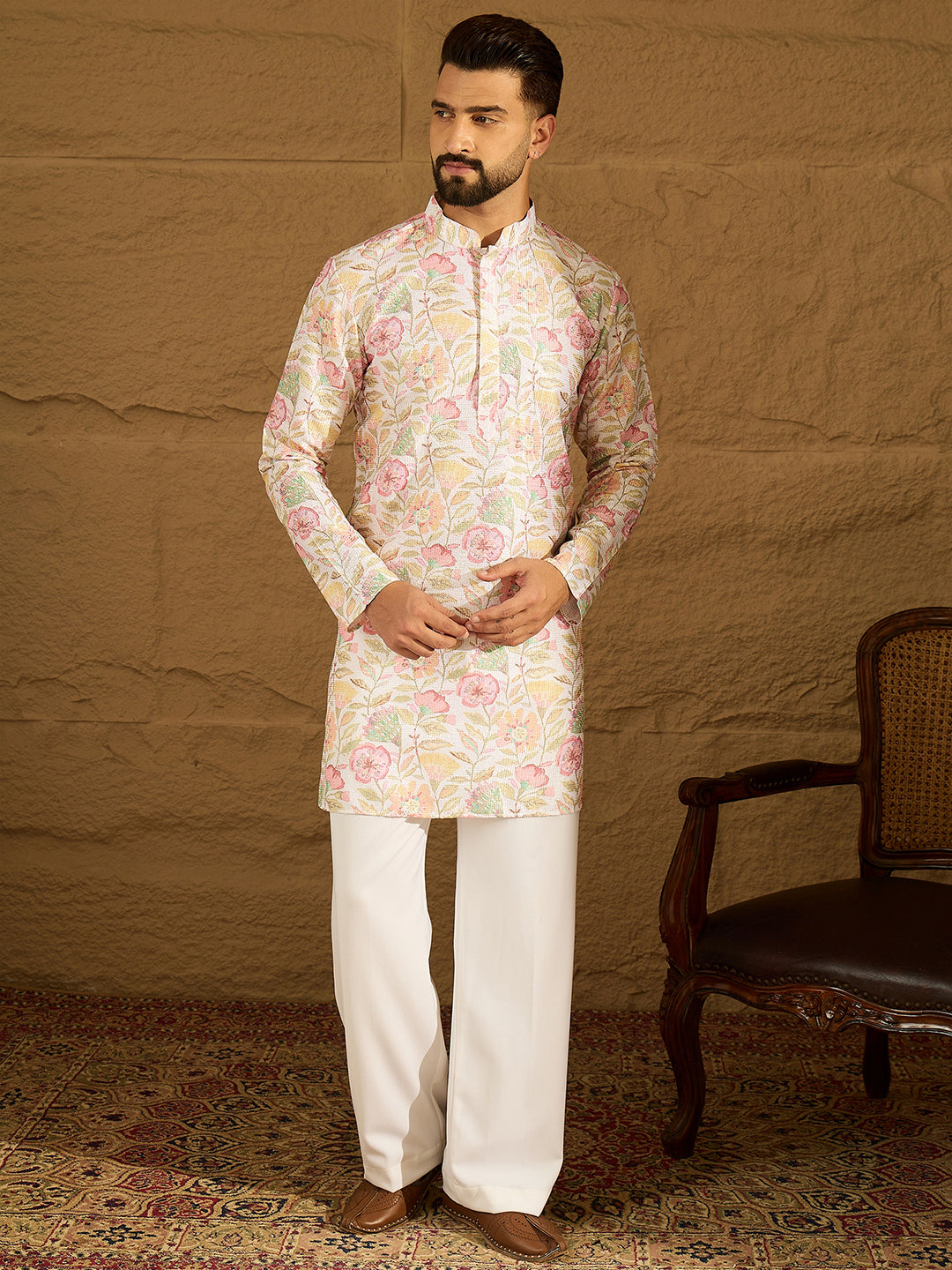 Ethnic Bay Men White Viscose Rayon Floral Embroidered Straight Kurta-MKU1599