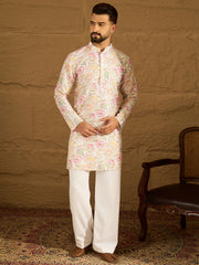 Ethnic Bay Men White Viscose Rayon Floral Embroidered Straight Kurta-MKU1599