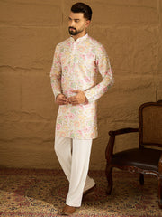Ethnic Bay Men White Viscose Rayon Floral Embroidered Straight Kurta-MKU1599