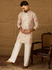 Ethnic Bay Men White Viscose Rayon Floral Embroidered Straight Kurta-MKU1599