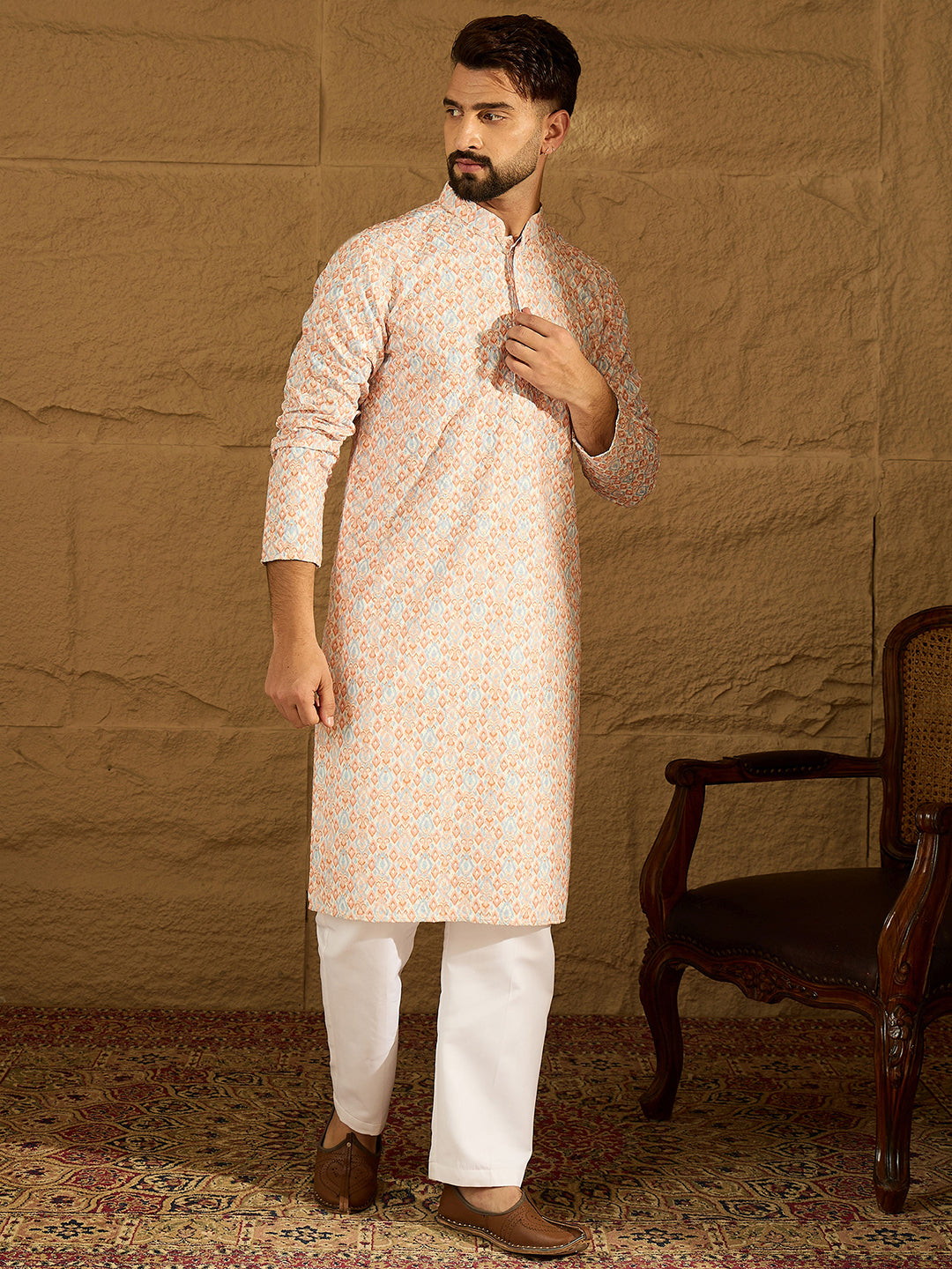 Ethnic Bay Men Orange Viscose Rayon Geometric Printed Straight Kurta-MKU1600