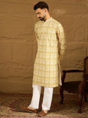 Ethnic Bay Men Yellow Viscose Rayon Geometric Printed Straight Kurta-MKU1601