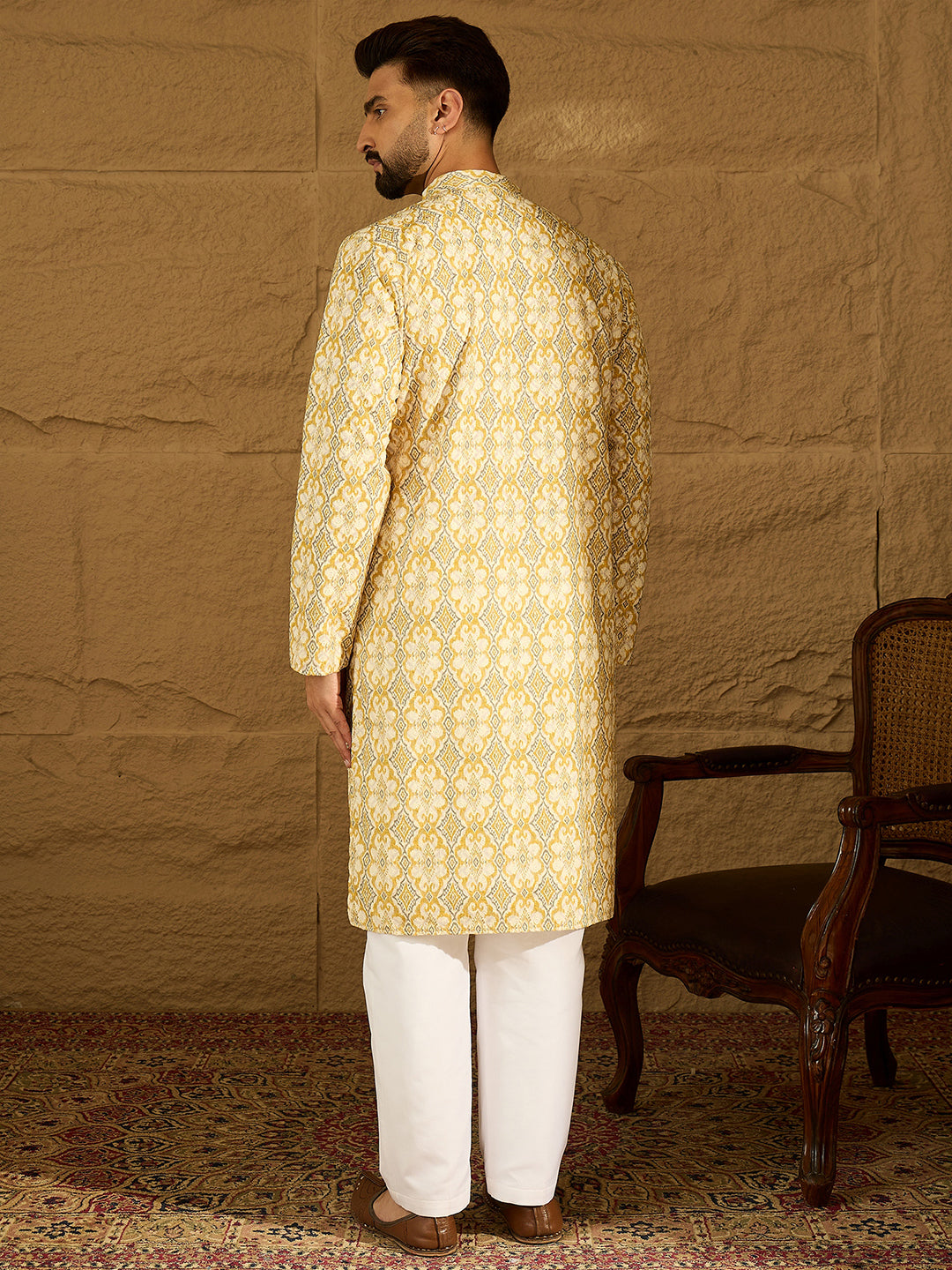 Ethnic Bay Men Yellow Viscose Rayon Geometric Printed Straight Kurta-MKU1601