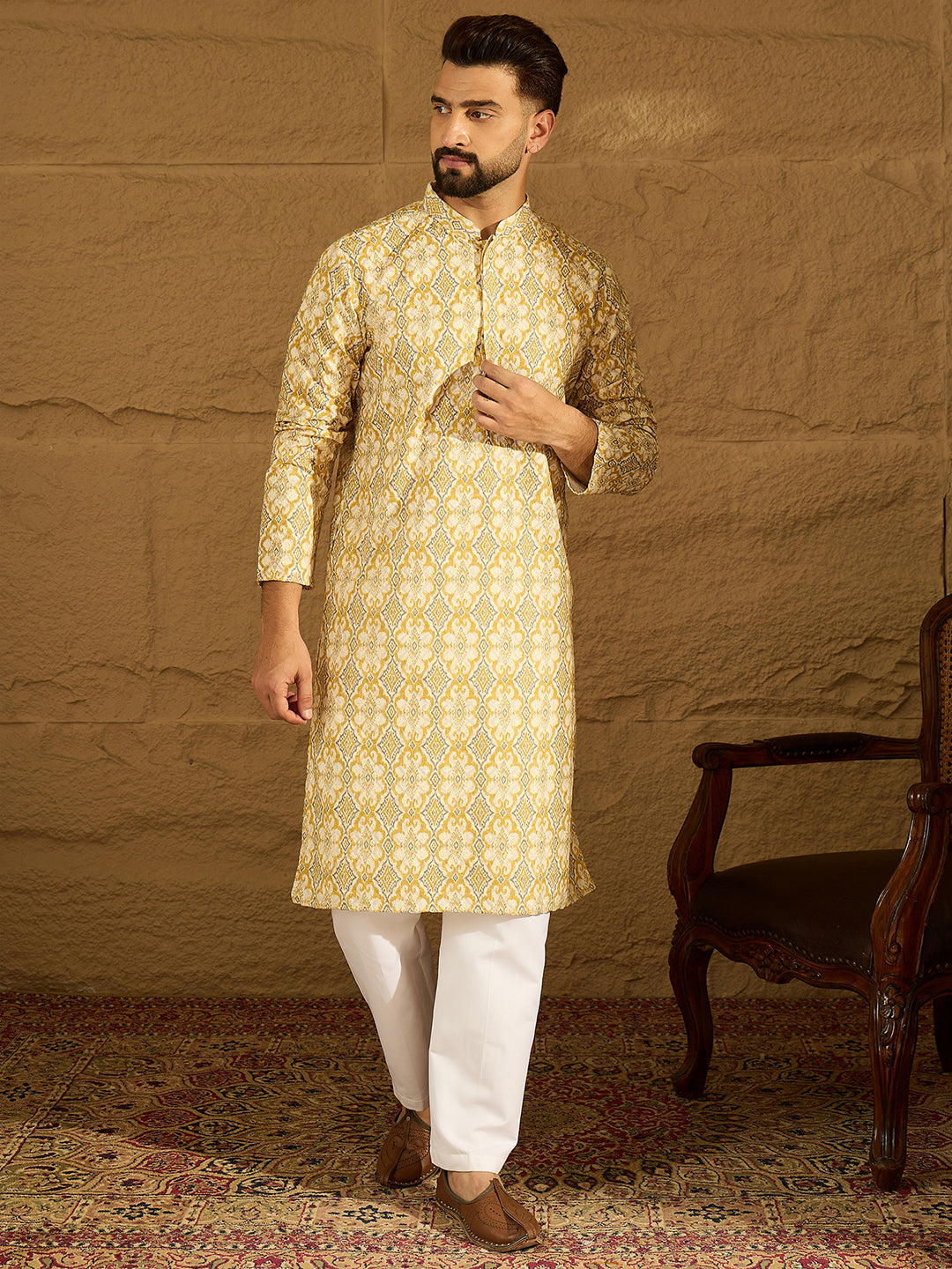 Ethnic Bay Men Yellow Viscose Rayon Geometric Printed Straight Kurta-MKU1601