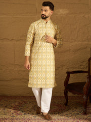 Ethnic Bay Men Yellow Viscose Rayon Geometric Printed Straight Kurta-MKU1601