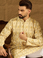 Ethnic Bay Men Yellow Viscose Rayon Geometric Printed Straight Kurta-MKU1601