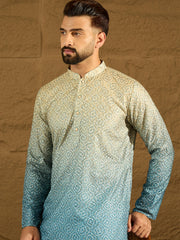 Ethnic Bay Men Blue Cotton Bandhani Embroidered Straight Kurta-MKU1602