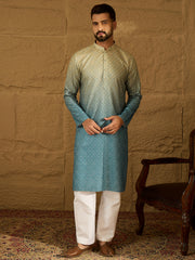 Ethnic Bay Men Blue Cotton Bandhani Embroidered Straight Kurta-MKU1602