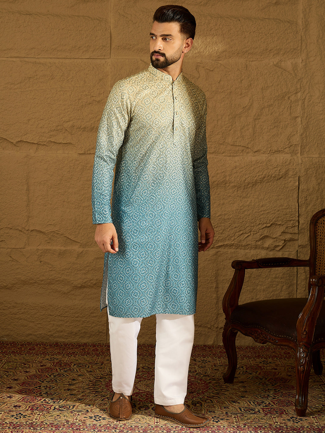 Ethnic Bay Men Blue Cotton Bandhani Embroidered Straight Kurta-MKU1602