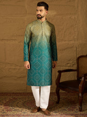 Ethnic Bay Men Green Cotton Bandhani Embroidered Straight Kurta-MKU1603