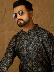 Ethnic Bay Men Black Viscose Rayon Geometric Printed Straight Kurta-MKU1606