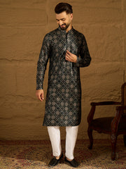 Ethnic Bay Men Black Viscose Rayon Geometric Printed Straight Kurta-MKU1606