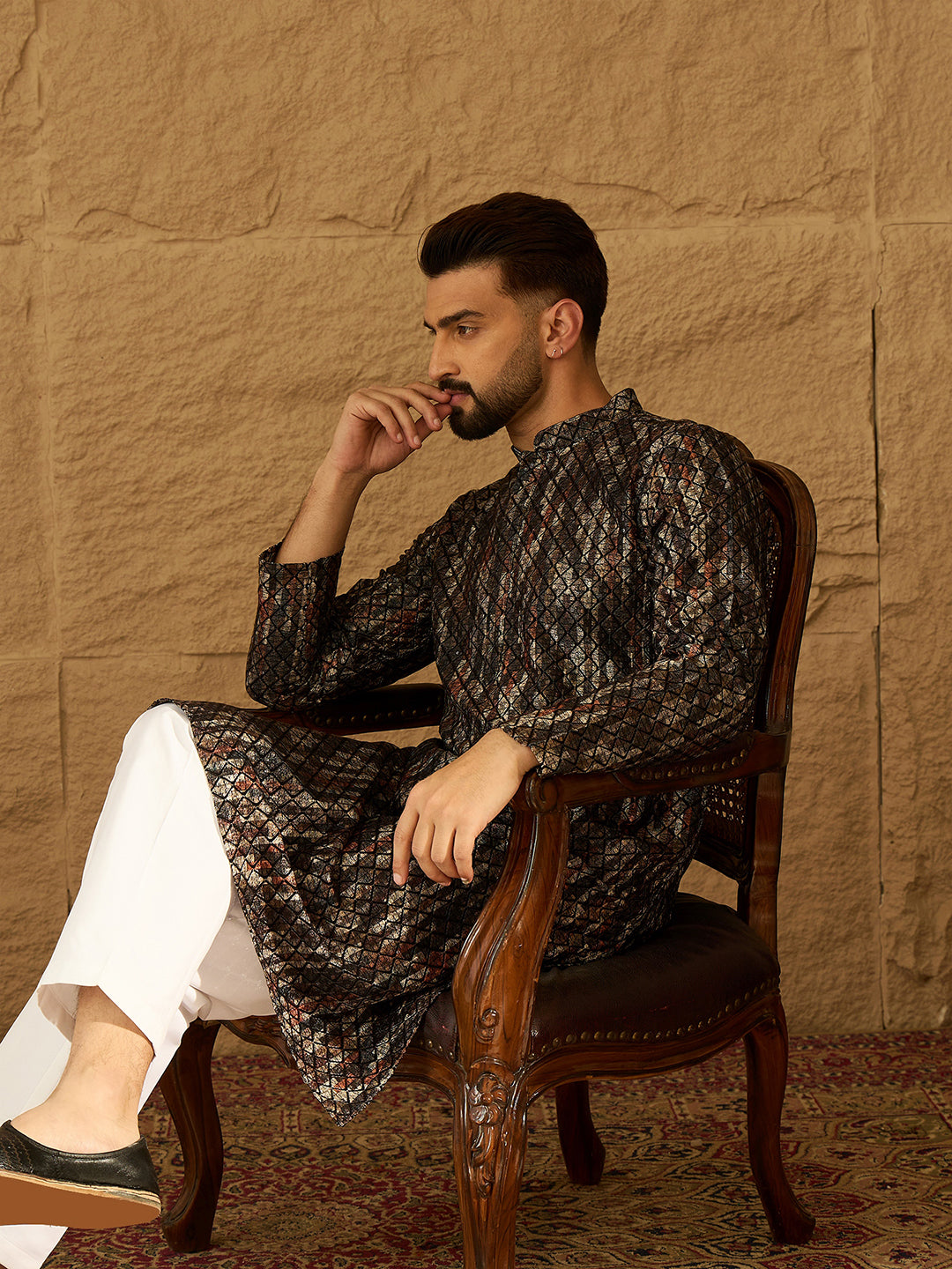 Ethnic Bay Men Black Viscose Rayon Striped Printed Straight Kurta-MKU1607