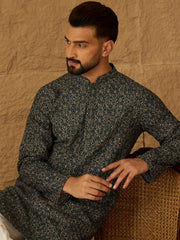Ethnic Bay Men Navy Blue Viscose Rayon Geometric Printed Straight Kurta-MKU1609