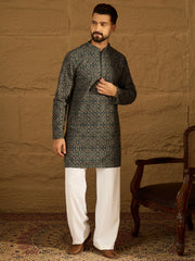 Ethnic Bay Men Navy Blue Viscose Rayon Geometric Printed Straight Kurta-MKU1609