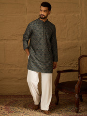 Ethnic Bay Men Navy Blue Viscose Rayon Geometric Printed Straight Kurta-MKU1609