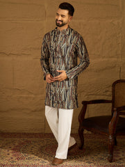Ethnic Bay Men Black Viscose Rayon Abstract Printed Straight Kurta-MKU1610