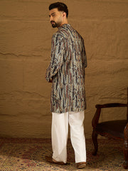 Ethnic Bay Men Black Viscose Rayon Abstract Printed Straight Kurta-MKU1610