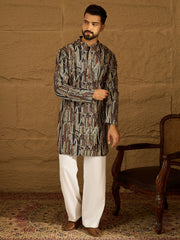 Ethnic Bay Men Black Viscose Rayon Abstract Printed Straight Kurta-MKU1610
