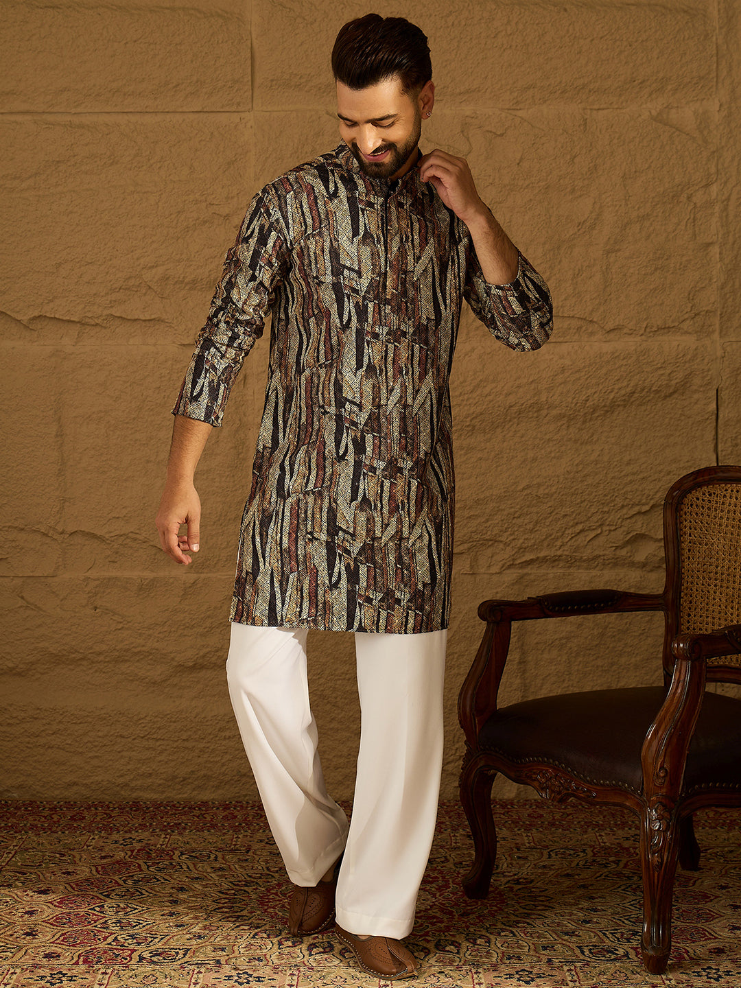 Ethnic Bay Men Black Viscose Rayon Abstract Printed Straight Kurta-MKU1610