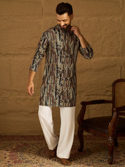 Ethnic Bay Men Black Viscose Rayon Abstract Printed Straight Kurta-MKU1610