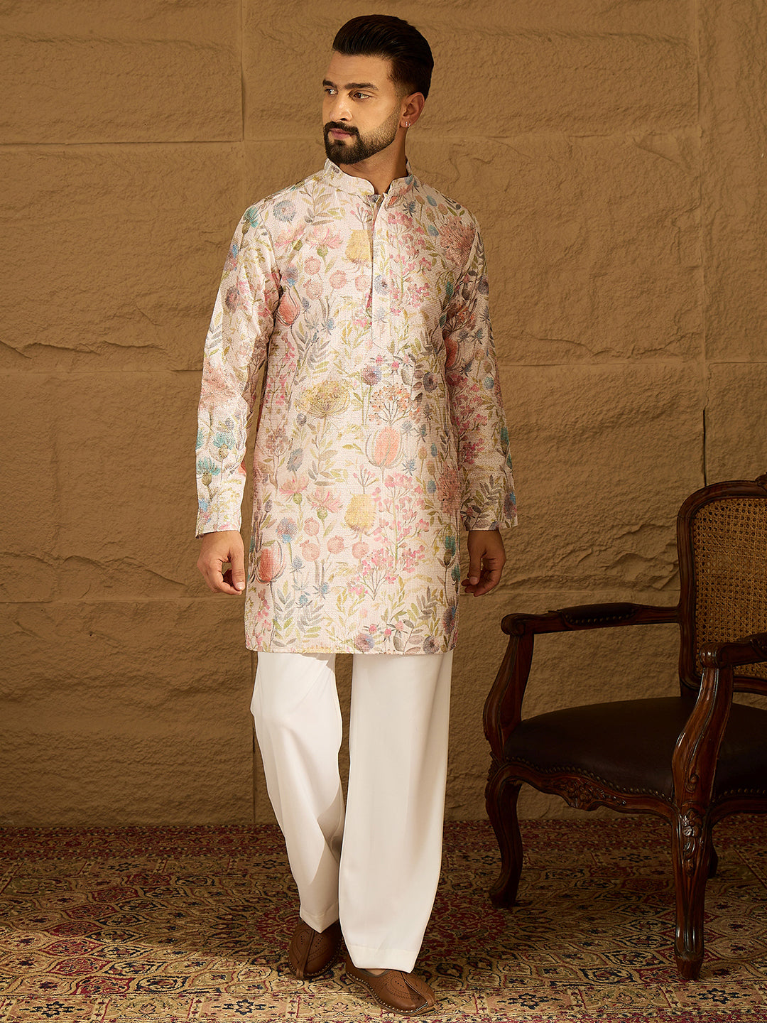 Ethnic Bay Men Off White Viscose Rayon Floral Printed Straight Kurta-MKU1612