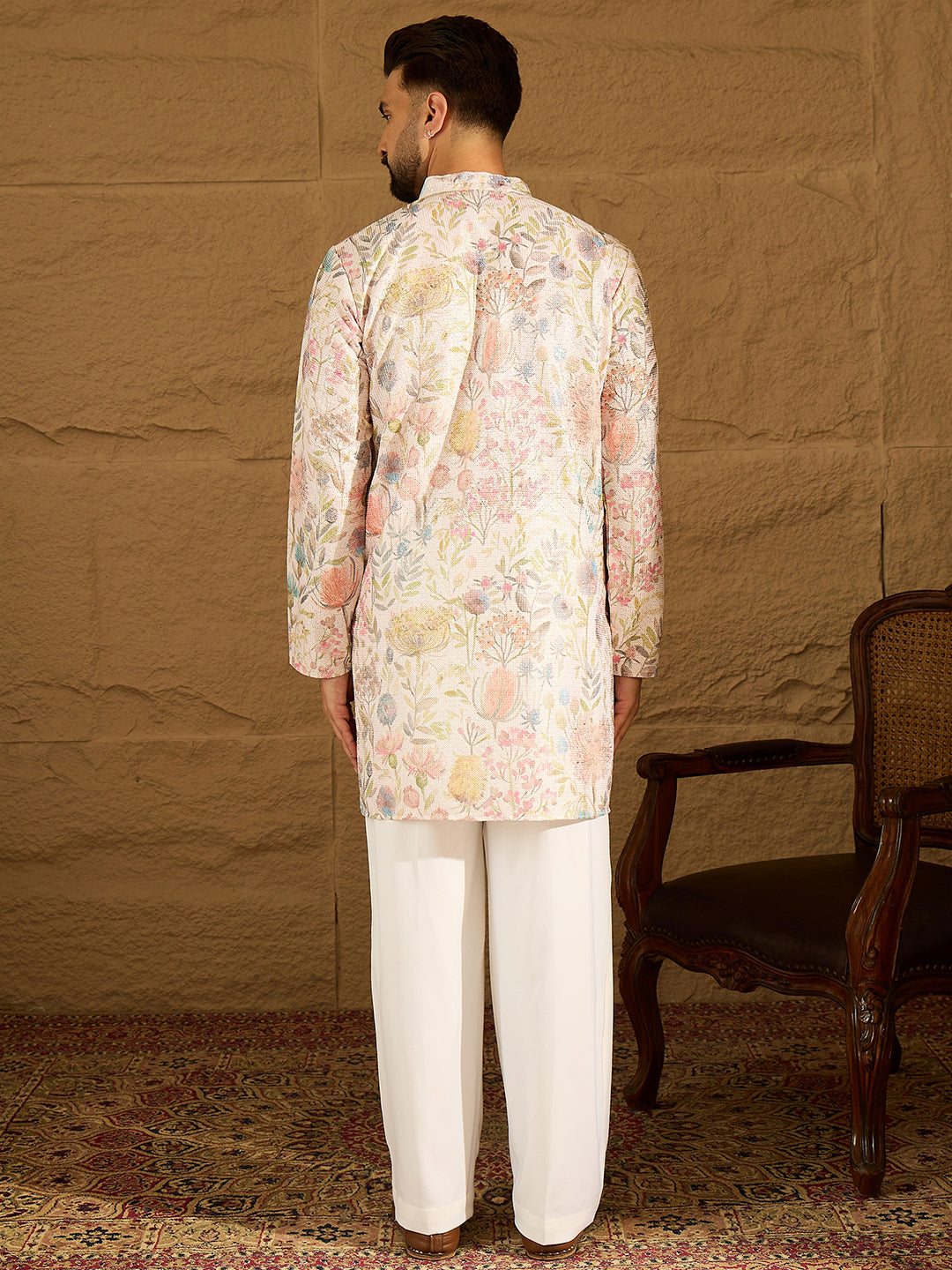 Ethnic Bay Men Off White Viscose Rayon Floral Printed Straight Kurta-MKU1612