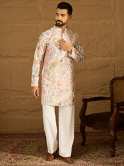 Ethnic Bay Men Off White Viscose Rayon Floral Printed Straight Kurta-MKU1612