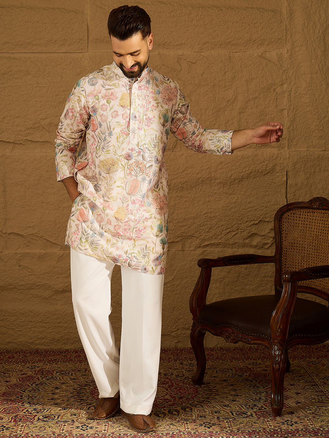 Ethnic Bay Men Off White Viscose Rayon Floral Printed Straight Kurta-MKU1612