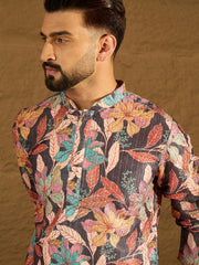 Ethnic Bay Men Grey Silk Blend Floral Printed Straight Kurta-MKU1613