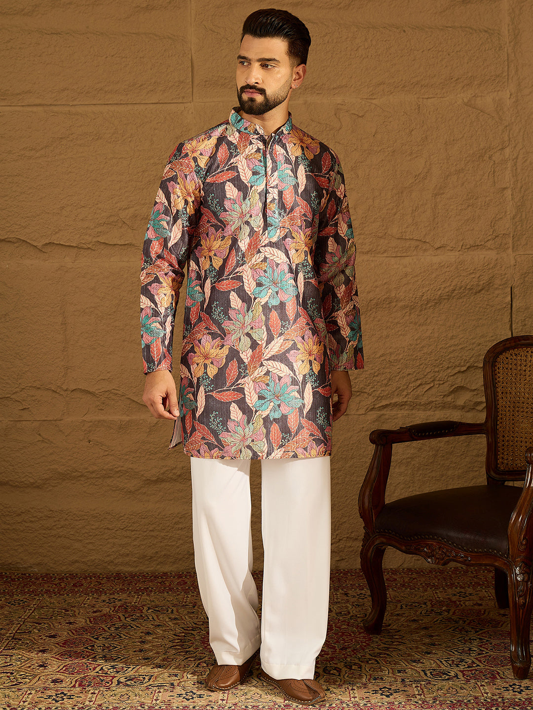 Ethnic Bay Men Grey Silk Blend Floral Printed Straight Kurta-MKU1613