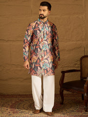 Ethnic Bay Men Grey Silk Blend Floral Printed Straight Kurta-MKU1613