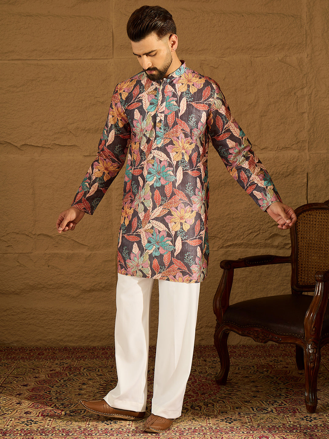 Ethnic Bay Men Grey Silk Blend Floral Printed Straight Kurta-MKU1613
