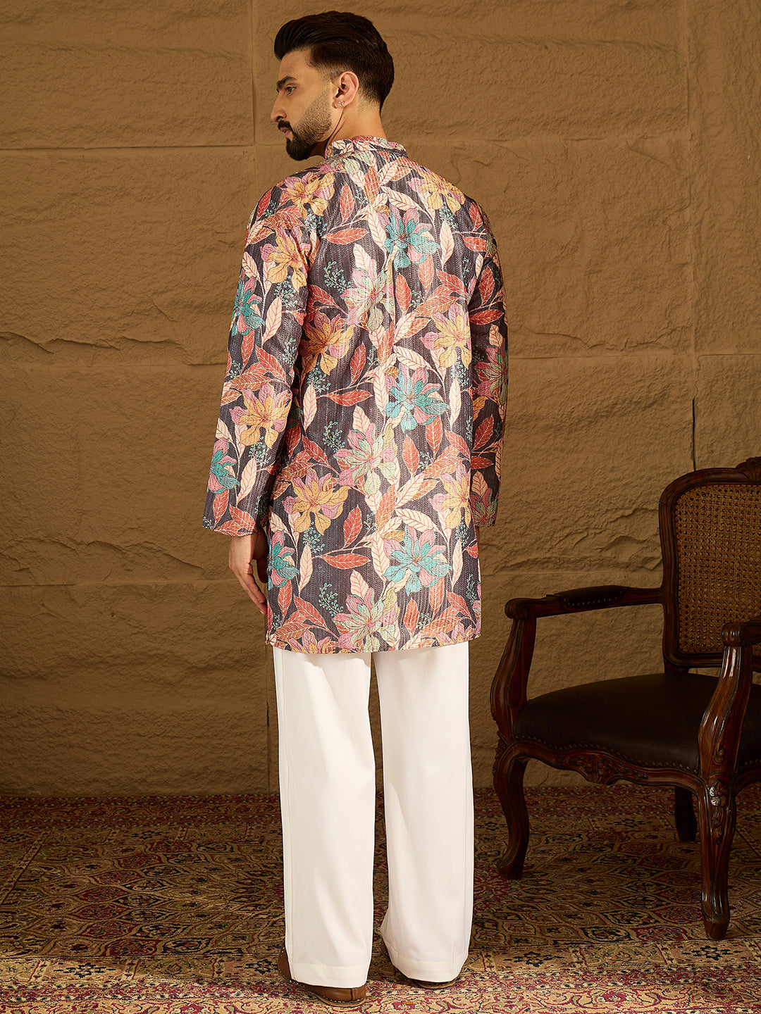 Ethnic Bay Men Grey Silk Blend Floral Printed Straight Kurta-MKU1613