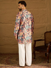 Ethnic Bay Men Grey Silk Blend Floral Printed Straight Kurta-MKU1613