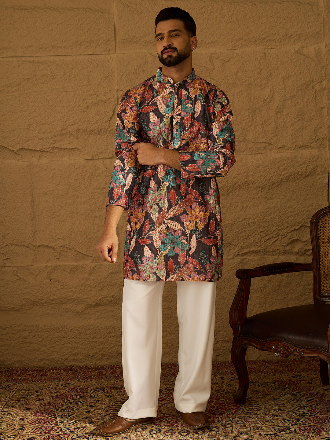 Ethnic Bay Men Grey Silk Blend Floral Printed Straight Kurta-MKU1613