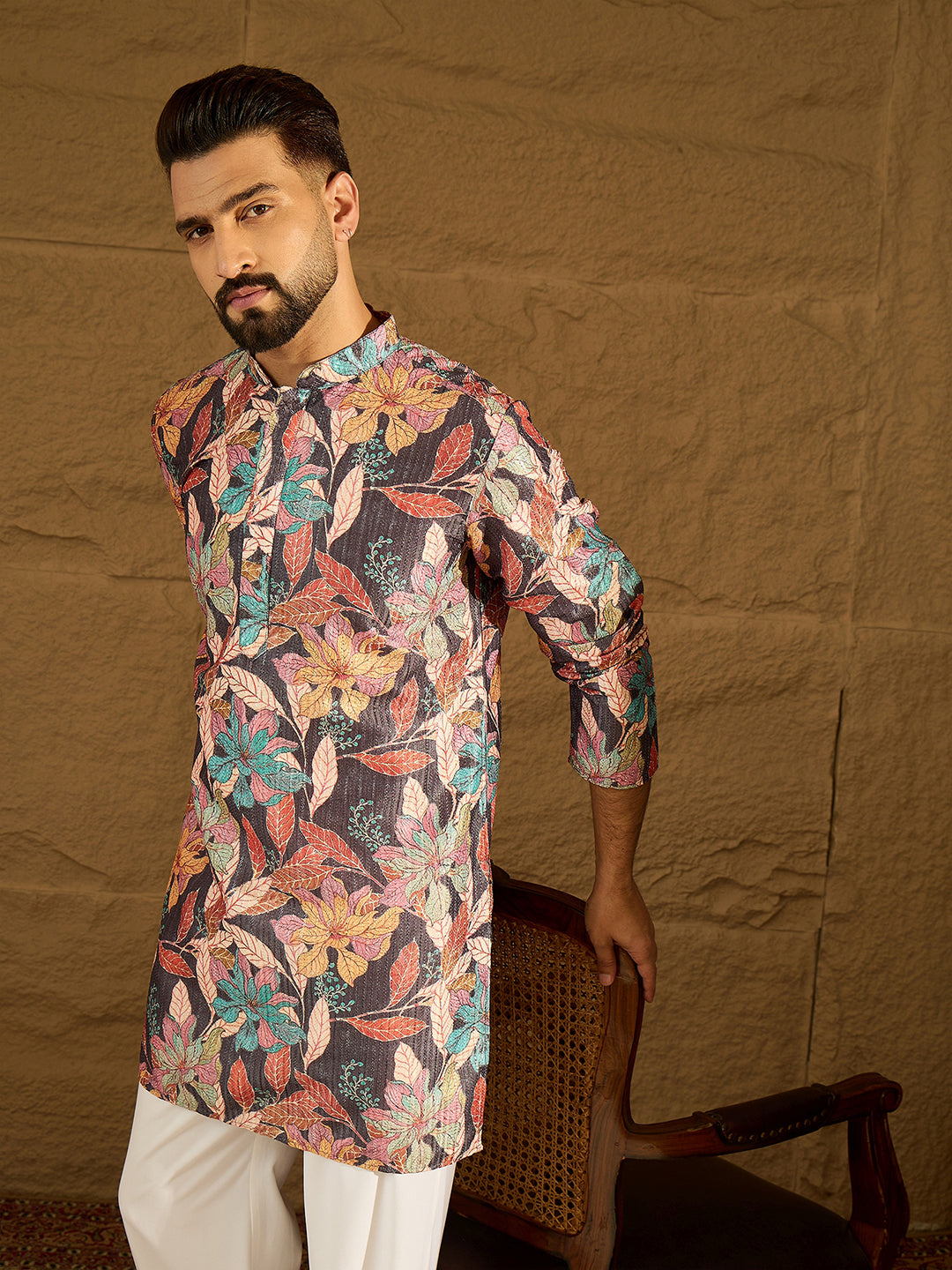 Ethnic Bay Men Grey Silk Blend Floral Printed Straight Kurta-MKU1613