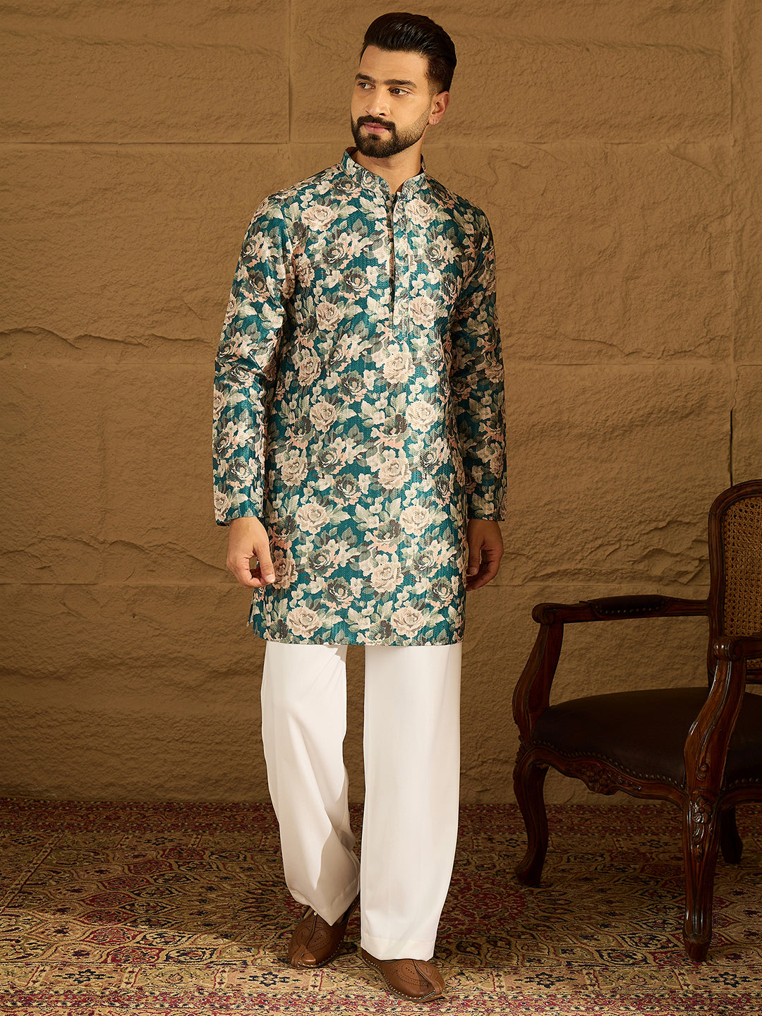 Ethnic Bay Men Teal Silk Blend Floral Printed Straight Kurta-MKU1614